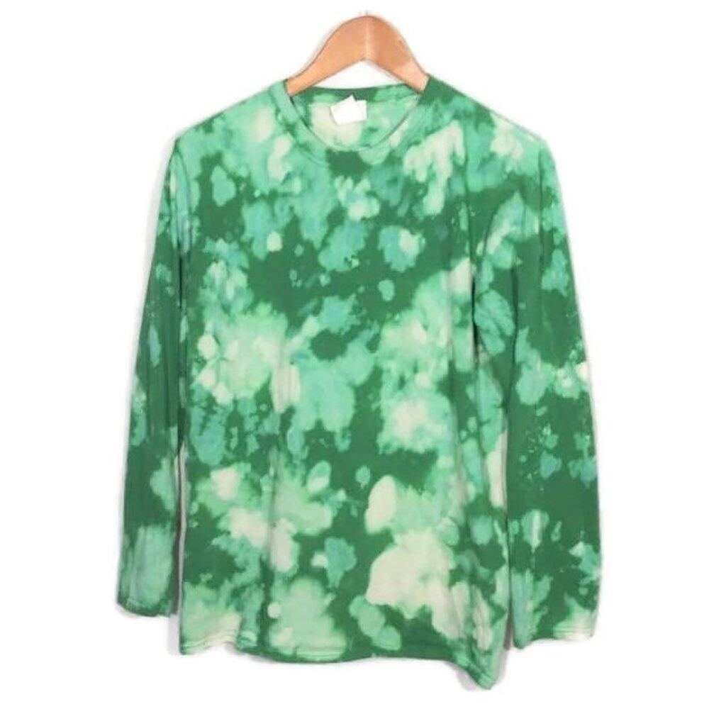 Upcycled Bleached Tie Dye Green White Long Sleeve Tee Shirt Sz Medium *